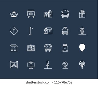 Set Of 20 black linear icons such as Parking meter, Globe, Parking, Map, Elections, Police car, Fire truck, Bus stop, Flag, editable stroke vector icon pack