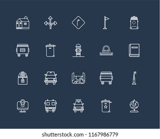 Set Of 20 black linear icons such as Globe, Recycle bin, Police car, Fire truck, Map, Recycling Sewage, Elections, Turn, editable stroke vector icon pack