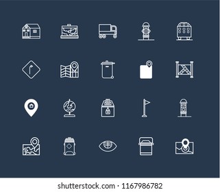 Set Of 20 black linear icons such as Radar, Lunchbox, Globe, Recycling bin, Map, Gps, Elections, Placeholder, Garbage truck, editable stroke vector icon pack