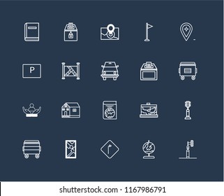 Set Of 20 black linear icons such as Traffic light, Globe, Turn, Map, Bin, Placeholder, Recycling bin, Book, Social care, Radar, editable stroke vector icon pack