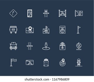 Set Of 20 black linear icons such as Hydrant, Globe, Recycling bin, Map, Flag, Book, Street view, Road sweeper, Radar, Highway, editable stroke vector icon pack