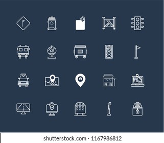 Set Of 20 black linear icons such as Elections, Street light, Recycling bin, Map, Gps, Traffic lights, Placeholder, Police car, Globe, editable stroke vector icon pack