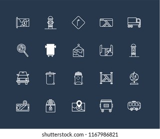 Set Of 20 black linear icons such as Bus, Recycle bin, Radar, Elections, Map, Garbage truck, Recycling Road sweeper, Turn, editable stroke vector icon pack