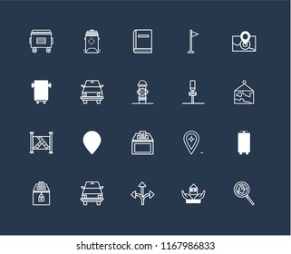 Set Of 20 black linear icons such as Search, House, Turn, School bus, Elections, Radar, Parking, Recycling bin, Map, Road sweeper, Library, editable stroke vector icon pack