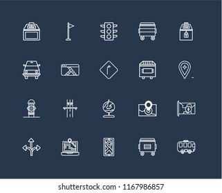 Set Of 20 black linear icons such as Bus, Recycle bin, Map, Turn, Elections, Trash Globe, Hydrant, Traffic lights, editable stroke vector icon pack
