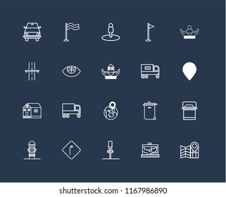 Set Of 20 black linear icons such as Map, Parking, Turn, Hydrant, Social care, Recycling truck, Globe, School, Street view, editable stroke vector icon pack