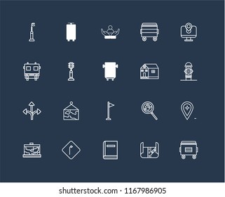 Set Of 20 black linear icons such as Recycle bin, Map, Library, Turn, School, Flag, Traffic light, Social care, editable stroke vector icon pack