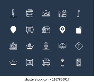 Set Of 20 black linear icons such as Map, Traffic light, School bus, Social care, Flag, Placeholder, Hydrant, Recycle bin, editable stroke vector icon pack