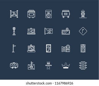 Set Of 20 black linear icons such as Traffic lights, Social care, Highway, Map, Bus, Hydrant, Flag, Book, editable stroke vector icon pack