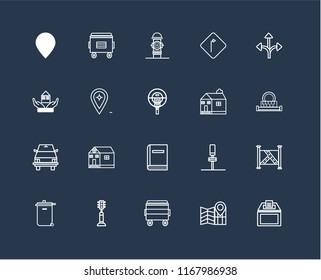 Set Of 20 black linear icons such as Recycling bin, Map, Bin, Traffic light, Recycle Turn, Church, Library, School bus, Placeholder, Hydrant, editable stroke vector icon pack