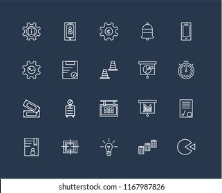 Set Of 20 black linear icons such as Pie chart, Newspaper, Idea, Target, Accounts, Smartphone, Analytics, Calendar, Money, Clipboard, Gear, editable stroke vector icon pack