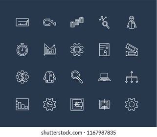 Set Of 20 black linear icons such as Gear, Target, Safebox, Bar chart, Group, Accounts, Magnifying glass, Analytics, Newspaper, editable stroke vector icon pack