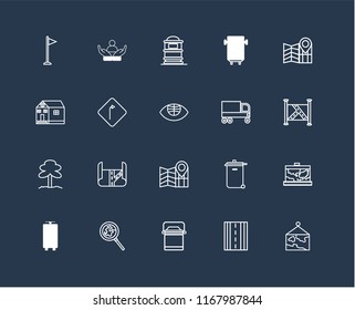 Set Of 20 black linear icons such as Map, Road, Lunchbox, Search, Tram, Garbage truck, Park, Turn, Mailbox, editable stroke vector icon pack