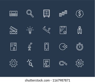 Set Of 20 black linear icons such as Gear, Magnet, Contract, Analytics, Dollar, Clipboard, Smartphone, Accounts, Idea, Cabinet, editable stroke vector icon pack