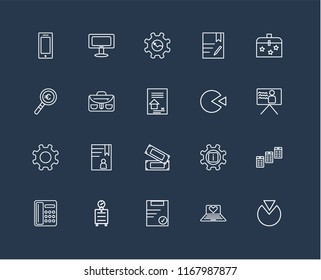 Set Of 20 black linear icons such as Pie chart, Laptop, Clipboard, Alarm clock, Telephone, Briefcase, Money, Gear, editable stroke vector icon pack
