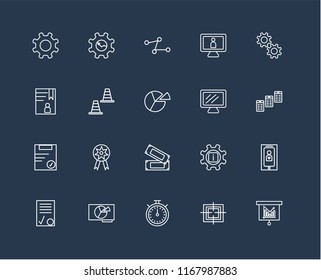 Set Of 20 black linear icons such as Bar chart, Target, Chronometer, Presentation, Contract, Gear, Laptop, Money, Clipboard, Cone, Line editable stroke vector icon pack