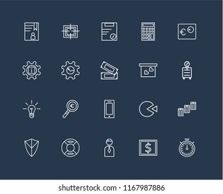 Set Of 20 black linear icons such as Chronometer, Atm, Businessman, Lifeguard, Shield, Euro, Presentation, Smartphone, Idea, Gear, Clipboard, editable stroke vector icon pack