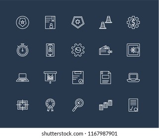 Set Of 20 black linear icons such as Contract, Newspaper, Magnifying glass, Prize, Target, Gear, Wallet, Clipboard, Laptop, Smartphone, Shield, editable stroke vector icon pack