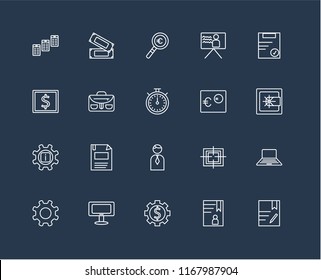 Set Of 20 black linear icons such as Contract, Accounts, Gear, Monitor, Clipboard, Euro, Businessman, Info, Briefcase, Magnifying glass, editable stroke vector icon pack