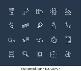 Set Of 20 black linear icons such as Cit card, Wall clock, Target, Magnifying glass, Cabinet, Money, Employee, Line chart, Magnet, Newspaper, Archive, editable stroke vector icon pack