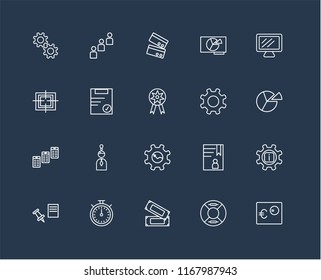 Set Of 20 black linear icons such as Euro, Lifeguard, Money, Chronometer, Push pin, Laptop, Gear, Newspaper, Clipboard, Cit card, editable stroke vector icon pack