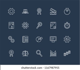 Set Of 20 black linear icons such as Newspaper, Analytics, Magnifying glass, Balance, Prize, Pie chart, Clipboard, Gear, Info, editable stroke vector icon pack