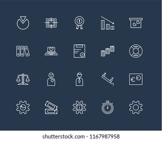 Set Of 20 black linear icons such as Gear, Chronometer, Info, Money, Presentation, Newspaper, Businessman, Balance, Laptop, Prize, editable stroke vector icon pack