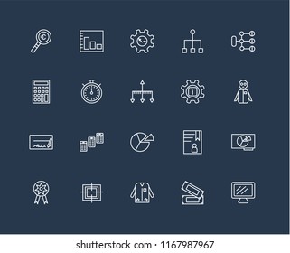 Set Of 20 black linear icons such as Laptop, Money, Suit, Target, Prize, Diagram, Info, Pie chart, Cheque, Chronometer, Gear, editable stroke vector icon pack