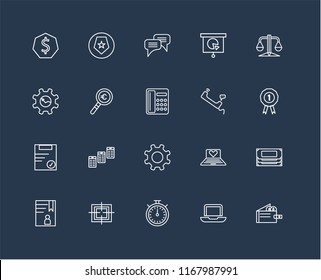 Set Of 20 black linear icons such as Wallet, Laptop, Chronometer, Target, Accounts, Balance, Phone call, Gear, Clipboard, Magnifying glass, Chat, editable stroke vector icon pack