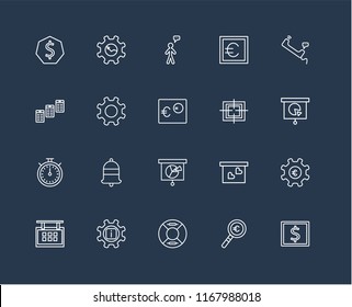 Set Of 20 black linear icons such as Atm, Magnifying glass, Lifeguard, Info, Calendar, Phone call, Target, Analytics, Chronometer, Gear, User, editable stroke vector icon pack