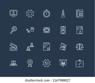 Set Of 20 black linear icons such as Wall clock, Bar chart, Gear, Prize, Laptop, Telephone, Smartphone, Clipboard, Money, Push pin, Chronometer, editable stroke vector icon pack
