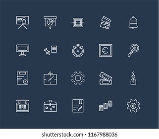 Set Of 20 black linear icons such as Gear, Newspaper, Contract, Briefcase, Calendar, Bell, Euro, Clipboard, Push pin, Target, editable stroke vector icon pack