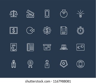 Set Of 20 black linear icons such as Lifeguard, Shield, Businessman, Prize, Alarm clock, Idea, Diskette, Presentation, Contract, Pie chart, Smartphone, editable stroke vector icon pack