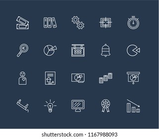 Set Of 20 black linear icons such as Bar chart, Prize, Laptop, Idea, Phone call, Chronometer, Bell, Presentation, Employee, Pie Gear, editable stroke vector icon pack