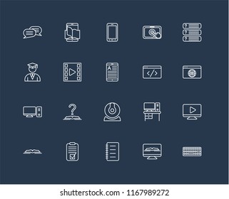 Set Of 20 black linear icons such as Keyboard, Ebook, Notes, Test, Open book, Questions, Code, Webcam, Desktop, Video player, Smartphone, editable stroke vector icon pack