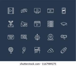 Set Of 20 black linear icons such as Pendrive, Cloud, Desk, Listening, Earth globe, Smartphone, Questions, De, Wikipedia, Audiobook, Video player, editable stroke vector icon pack