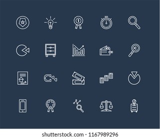 Set Of 20 black linear icons such as Alarm clock, Balance, Analytics, Prize, Smartphone, Magnifying glass, Wallet, Money, Contract, Cabinet, editable stroke vector icon pack