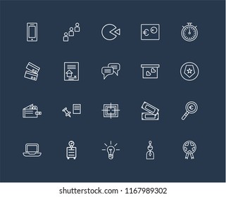 Set Of 20 black linear icons such as Prize, Idea, Alarm clock, Laptop, Chronometer, Presentation, Target, Wallet, Contract, Pie chart, editable stroke vector icon pack