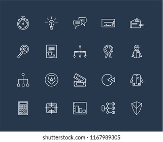 Set Of 20 black linear icons such as Shield, Diagram, Bar chart, Target, Calculator, Wallet, Prize, Money, Hierarchical structure, Contract, Chat, editable stroke vector icon pack