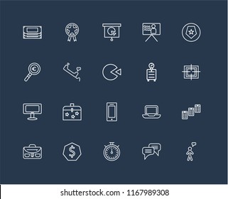Set Of 20 black linear icons such as User, Chat, Chronometer, Dollar, Briefcase, Shield, Alarm clock, Smartphone, Monitor, Phone call, Presentation, editable stroke vector icon pack