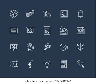 Set Of 20 black linear icons such as Phone call, Calculator, Idea, User, Diagram, Bell, Money, Magnifying glass, Presentation, Analytics, editable stroke vector icon pack