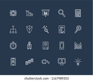 Set Of 20 black linear icons such as Idea, Monitor, Magnet, Newspaper, Smartphone, Calculator, Contract, Chronometer, Shield, Bar chart, editable stroke vector icon pack