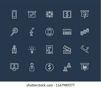 Set Of 20 black linear icons such as Bar chart, Cone, Dollar, Businessman, Monitor, Presentation, Money, Contract, Alarm clock, User, Target, editable stroke vector icon pack