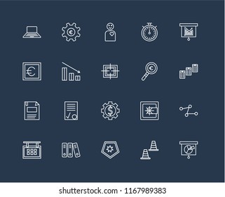 Set Of 20 black linear icons such as Analytics, Cone, Shield, Archive, Calendar, Bar chart, Magnifying glass, Gear, Diskette, Employee, editable stroke vector icon pack
