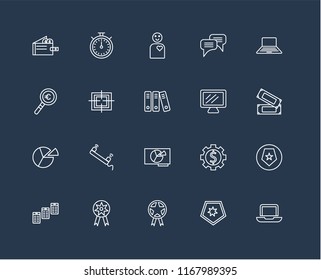 Set Of 20 black linear icons such as Laptop, Shield, Prize, Newspaper, Presentation, Pie chart, Target, Employee, editable stroke vector icon pack
