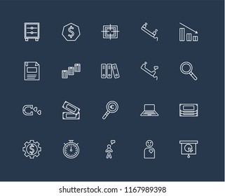 Set Of 20 black linear icons such as Presentation, Employee, User, Chronometer, Gear, Bar chart, Phone call, Magnifying glass, Magnet, Newspaper, Target, editable stroke vector icon pack