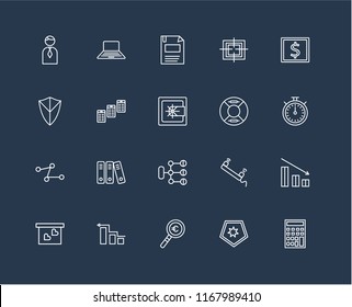 Set Of 20 black linear icons such as Calculator, Shield, Magnifying glass, Diagram, Presentation, Atm, Lifeguard, Line chart, Newspaper, Diskette, editable stroke vector icon pack