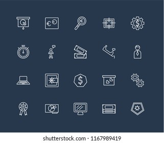 Set Of 20 black linear icons such as Shield, Money, Laptop, Presentation, Prize, Gear, Phone call, Dollar, User, Magnifying glass, editable stroke vector icon pack