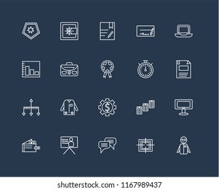 Set Of 20 black linear icons such as Group, Target, Chat, Presentation, Wallet, Laptop, Chronometer, Gear, Hierarchical structure, Briefcase, Contract, editable stroke vector icon pack