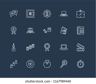Set Of 20 black linear icons such as Chronometer, Magnifying glass, Pie chart, Shield, Group, Wall clock, Cit card, Prize, Idea, Laptop, Gear, editable stroke vector icon pack